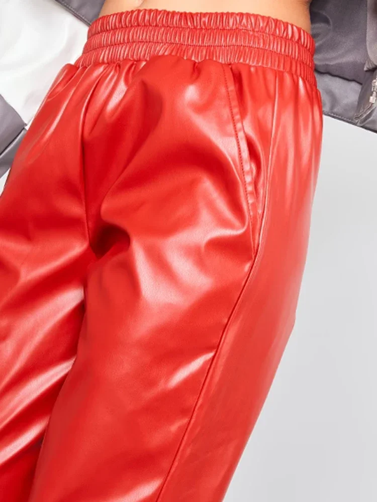 Women High Waist Elastic Waistband PU Straight Pants Lady Fashion Red Matte Faux Leather Hem Split Trousers Loose Casual Custom