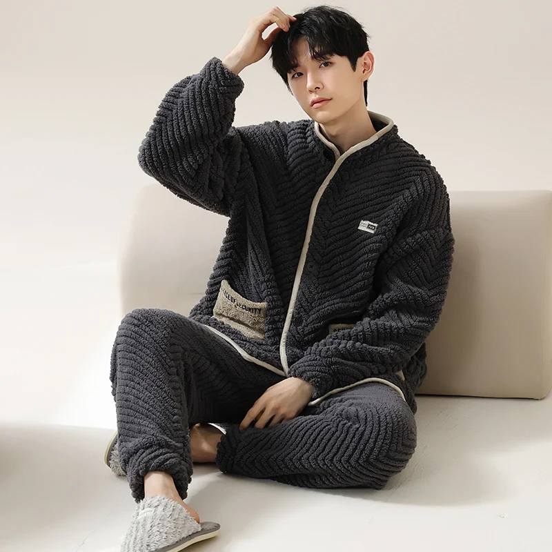 M-4XL Men Pajamas Set Winter Thick Warm Flannel Pyjama Male Long Sleeve Sleepwear