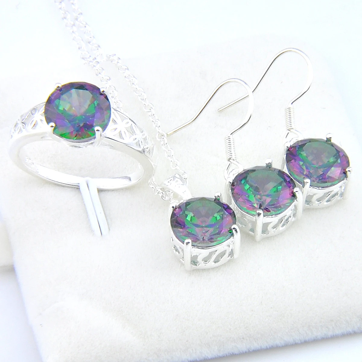 

Luckyshine Jewelry Set Round Shape Mystic Topaz Gemstone Silver Pendant Necklace Drop Earrings Rings Size 7 8 9