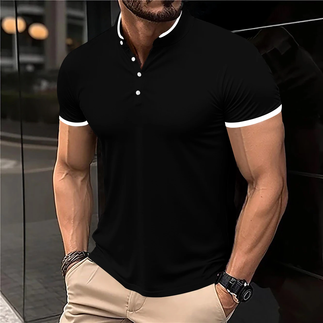 Men's Casual and Fashionable Solid Color Short Sleeved Stand Up Collar T-shirt Summer Versatile and Comfortable Top