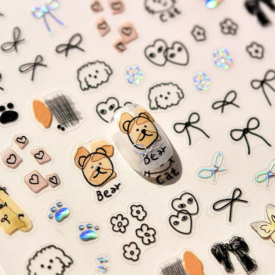 Japanese Style Cute Graffiti Cat Puppy Love Bowknot Laser 3D Self Adhesive Nail Art Stickers Lovely Manicure Decals Wholesale