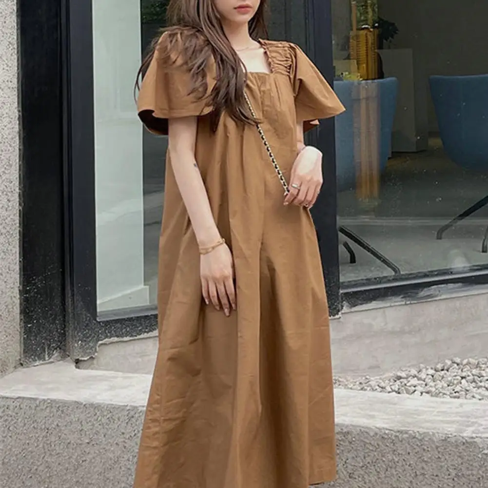 

Women Summer Dress Loose Square Neck Vintage Bubble Sleeves A-line Oversized Mid-calf Length Midi Dress