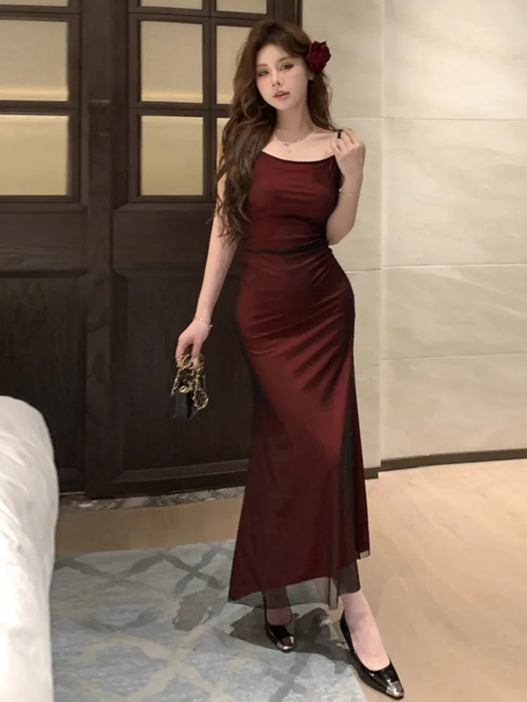 Topenomi Sexy Spicy Girl Mesh Spaghetti Strap Evening Dresses Summer Temperament Waist Slim Fit Long Banquet Party Dress Gown