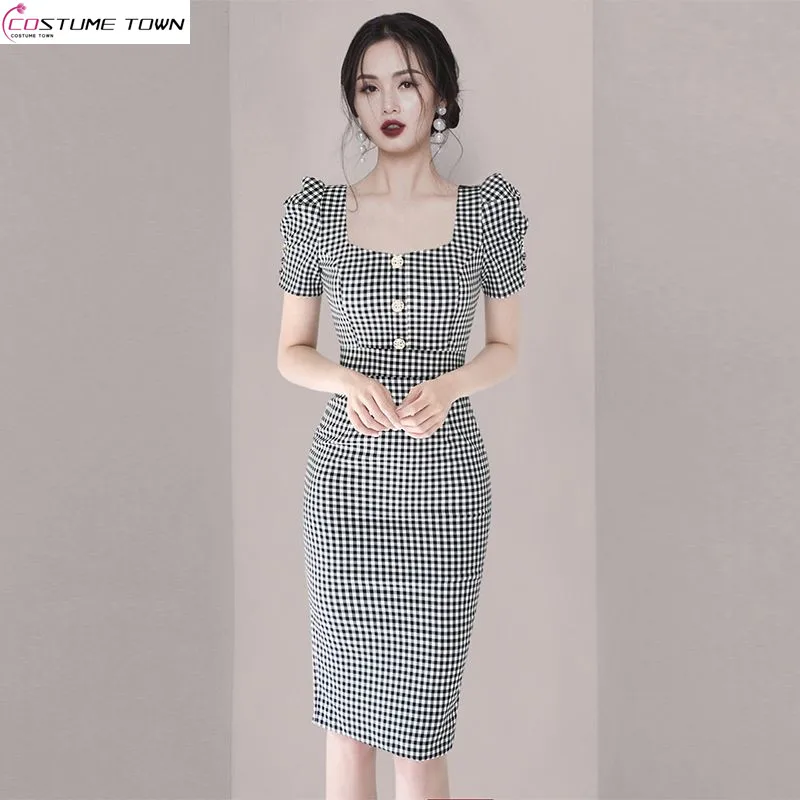 High End Professional Temperament Plaid Bubble Sleeve Dress 2024 Summer New Goddess Style Niche Light Luxury Wrap Hip Skirt