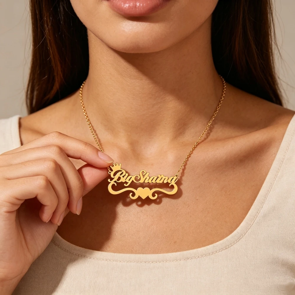 Collar con nombre personalizado, placa con nombre, collar con forma de corazón y onda, de acero inoxidable, joyería para mujer, regalos para mamá, hermana, abuela