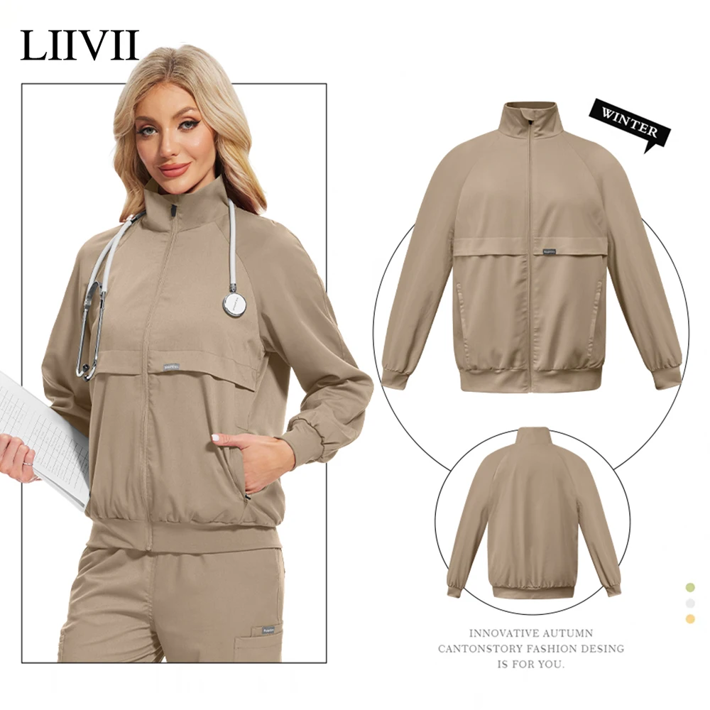 Warm Long Sleeve Jacket Hospital Scrub Coat Unisex Workwear Outercoat Thick Knitted Cuffs Zipper Front Medical Nurse Uniform Top
