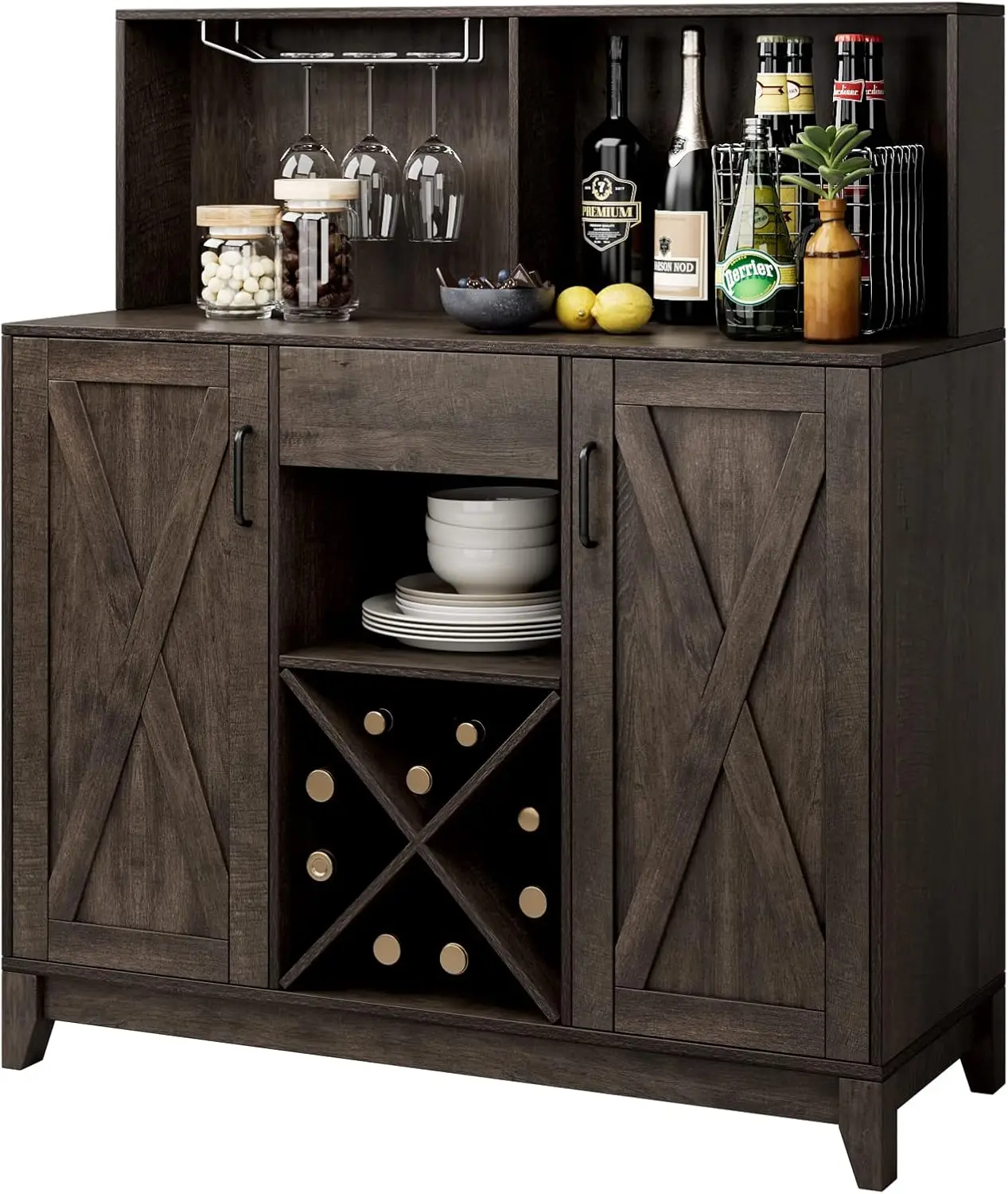 Modern Farmhouse Coffee Bar Cabinet, Barn Doors, Wine Liquor Bar Cabinet com Storage Hutch, Kitchen Sideboard Buffet