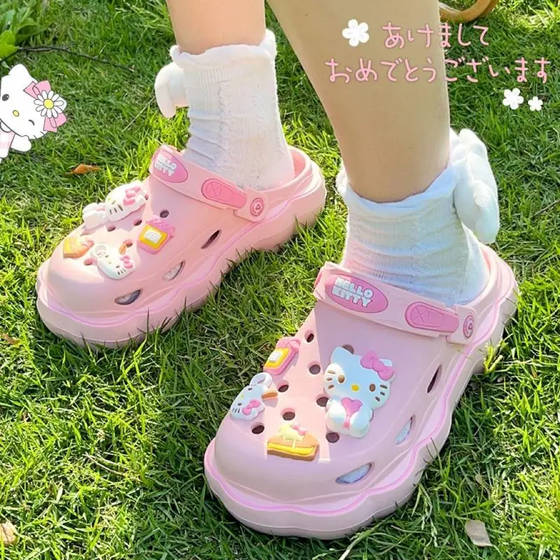 Kawaii Sanrioed Hello Kittys Cave Shoes Women's Summer Sandals with Thick Heels Kuromi Cinnamoroll Casual Slippers Female Gift