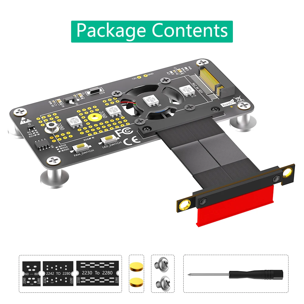 3 in 1 Combo M.2( NGFF) NVME M-key SSD to PCI- E 4X Extension Cable With Cooling Fan and Automatic Discoloration LED