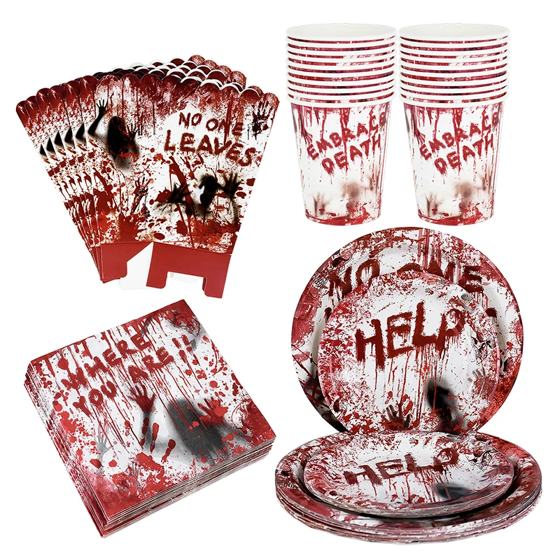 Halloween Disposable Tableware Horror Bloody Paper Plates Napkins Cups Happy Halloween Party Decoration Home Horror Bar