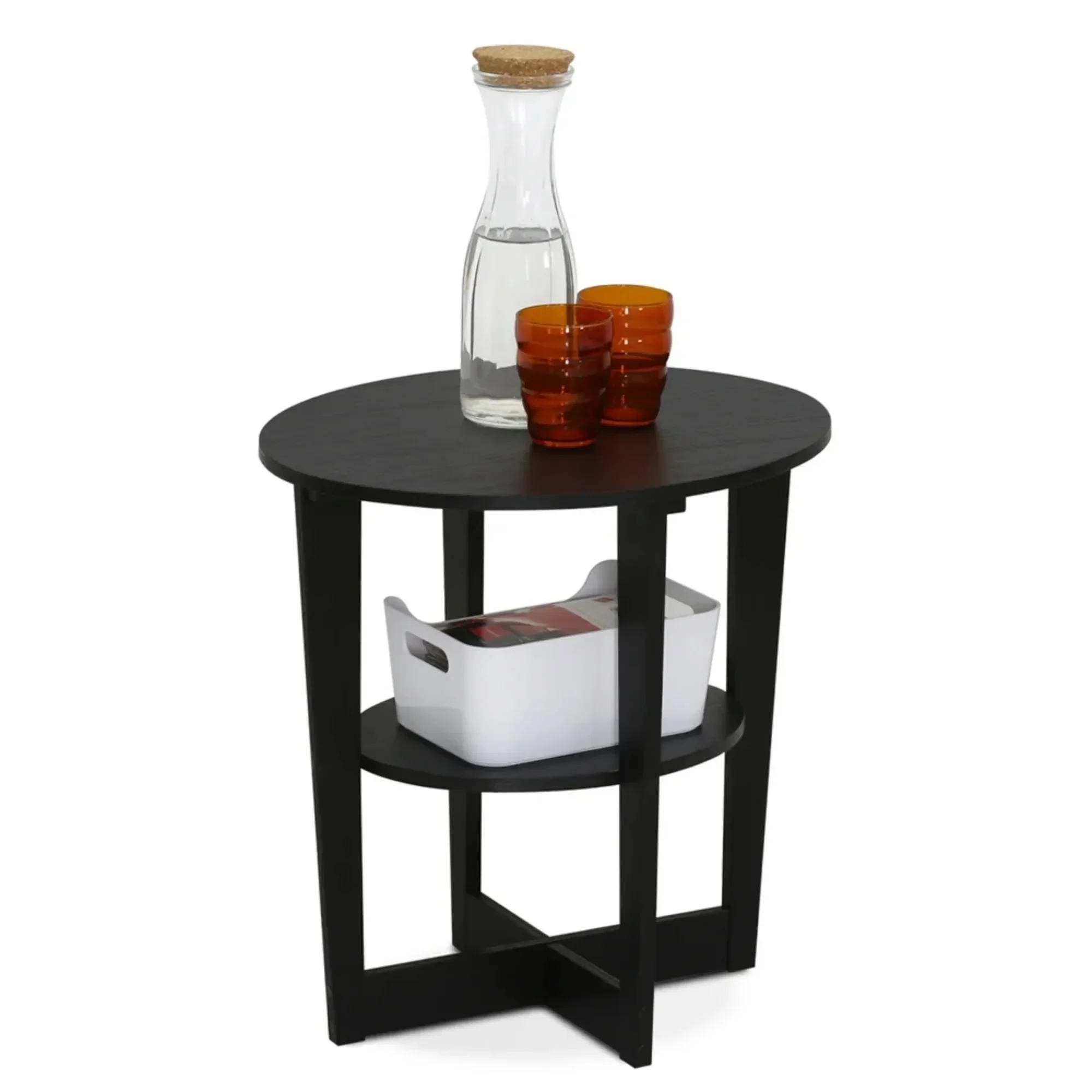 Oval End Table Walnut | Compact Engineered Wood Nightstand w/ Storage Shelf for Small Spaces, Living Room Bedroom