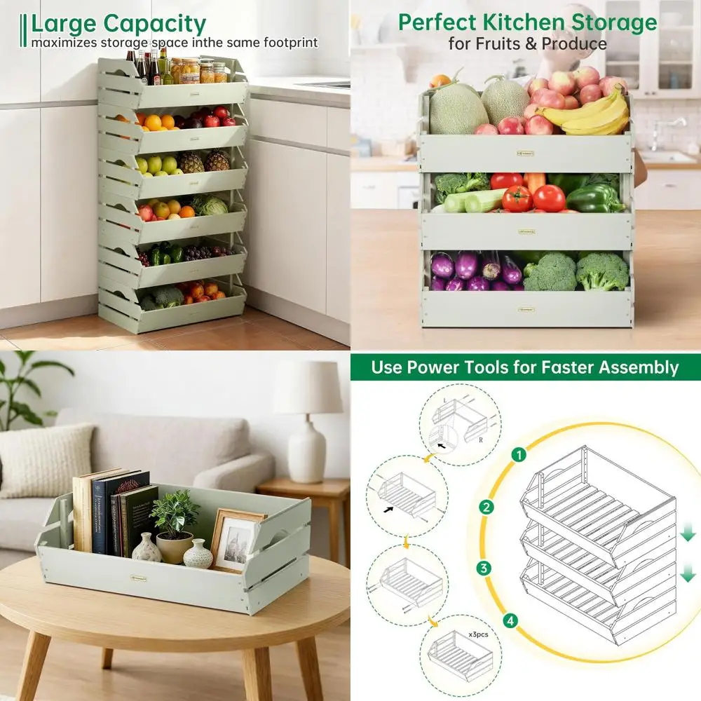 سلال إنتاج خشبية قابلة للتكديس - مجموعة مكونة من 3 قطع لتنظيم تخزين الفواكه والخضروات في المطبخ #1