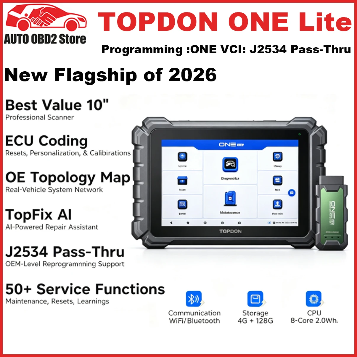 TOPDON One Lite 10.1inch OBD2 Car Scanner 10000mAh Battery Capacity Battery Tester OE All System Diagnostic Tool ECU Coding