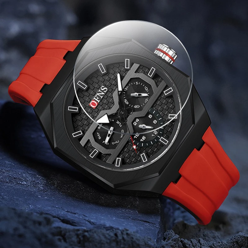 OFNS 8023 موضة العلامة التجارية ساعة كوارتز رجالية بسيطة ثلاثة عين ستة إبرة عصرية مقاوم للماء ساعات عادية للرجل reloj hombre