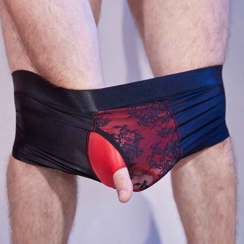 

Men Sexy Boxer Panties Oil Shiny Glossy Underwear Lace Side Open Pouch Underpants Smooth Breathable Ultra-Thin Hip Lift Boxers
