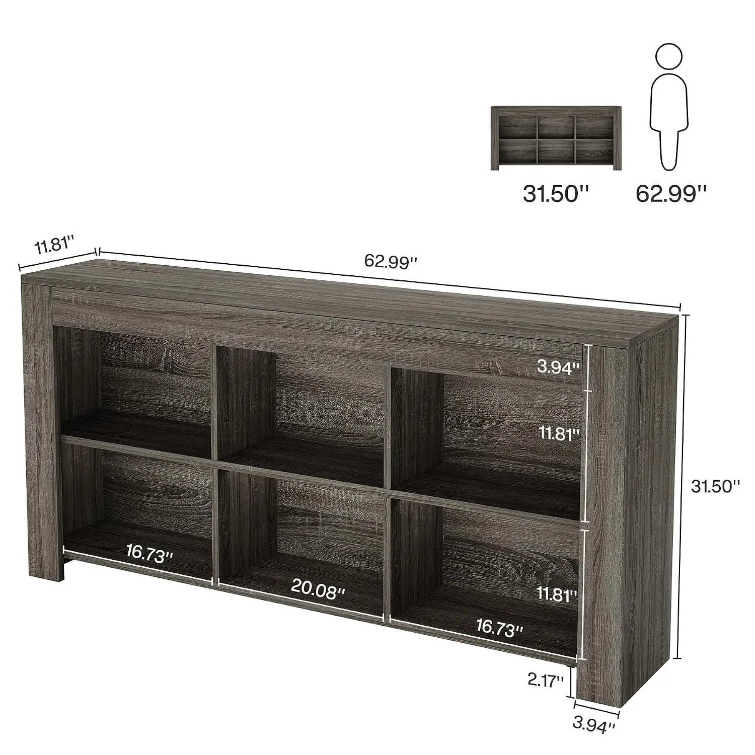 Horizontal 6-Cube Storage Organizer Long Low Wide Wood Bookshelf For Home Office & Living Room, Customized