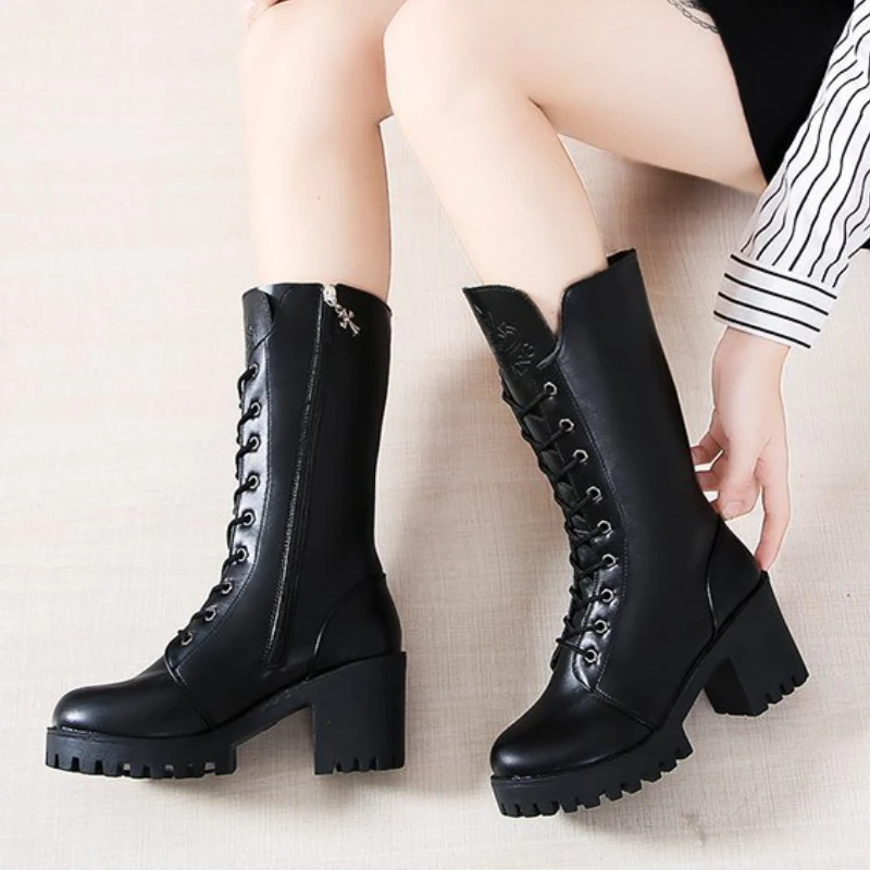 European and American High-heeled Mid Length Boots 2024 Autumn New Style Simple Square Heel Anti Slip Temperament Women's Boots - Image 6
