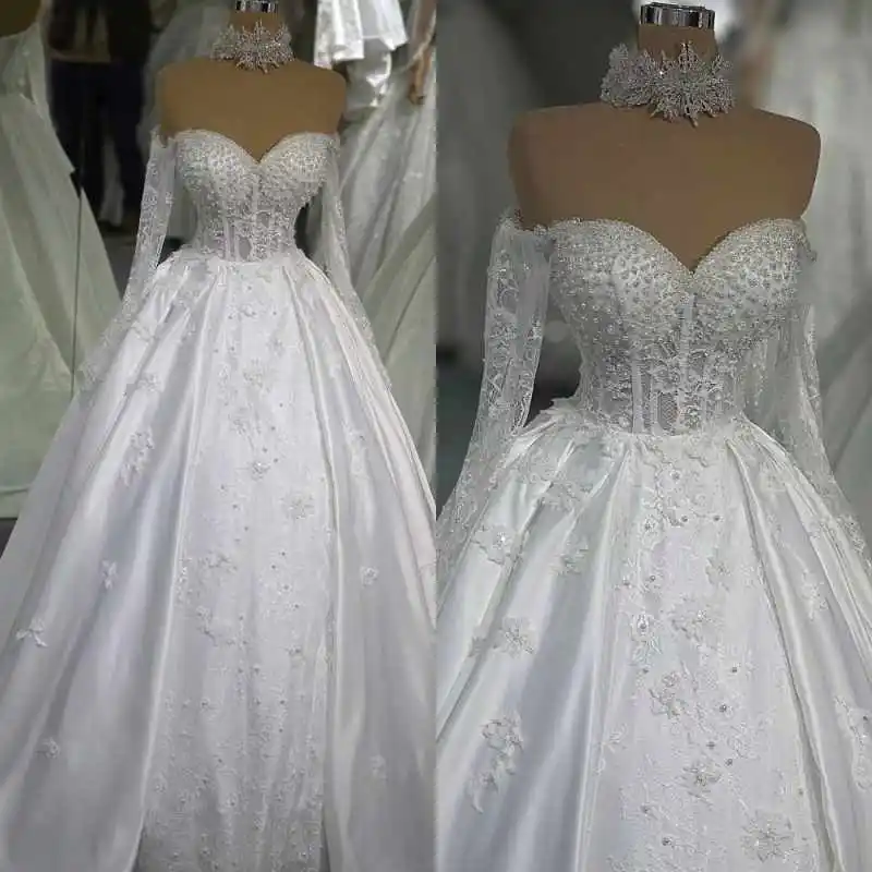 

Princess Pearls Bridal Gowns Off Shoulder Long Sleeve Ball Gown Wedding Dresses Lace Appliques Vestidos De Novia