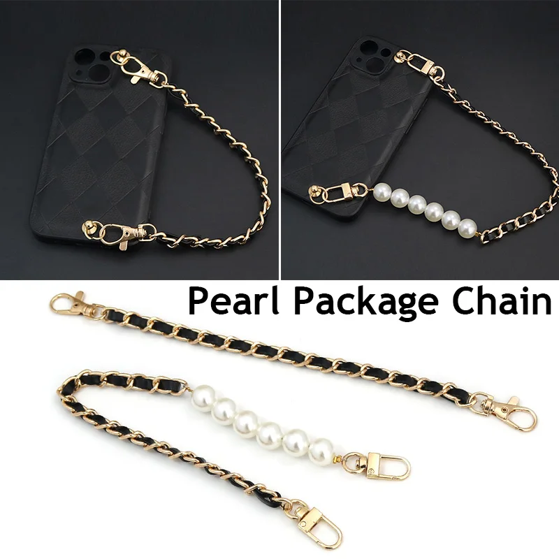 New Pearl & Metal Bag Strap Pu Leather Crossbody Bag Belts Diy Purse Replacement Handles Cute Bead Chain For Women Gold Clasp