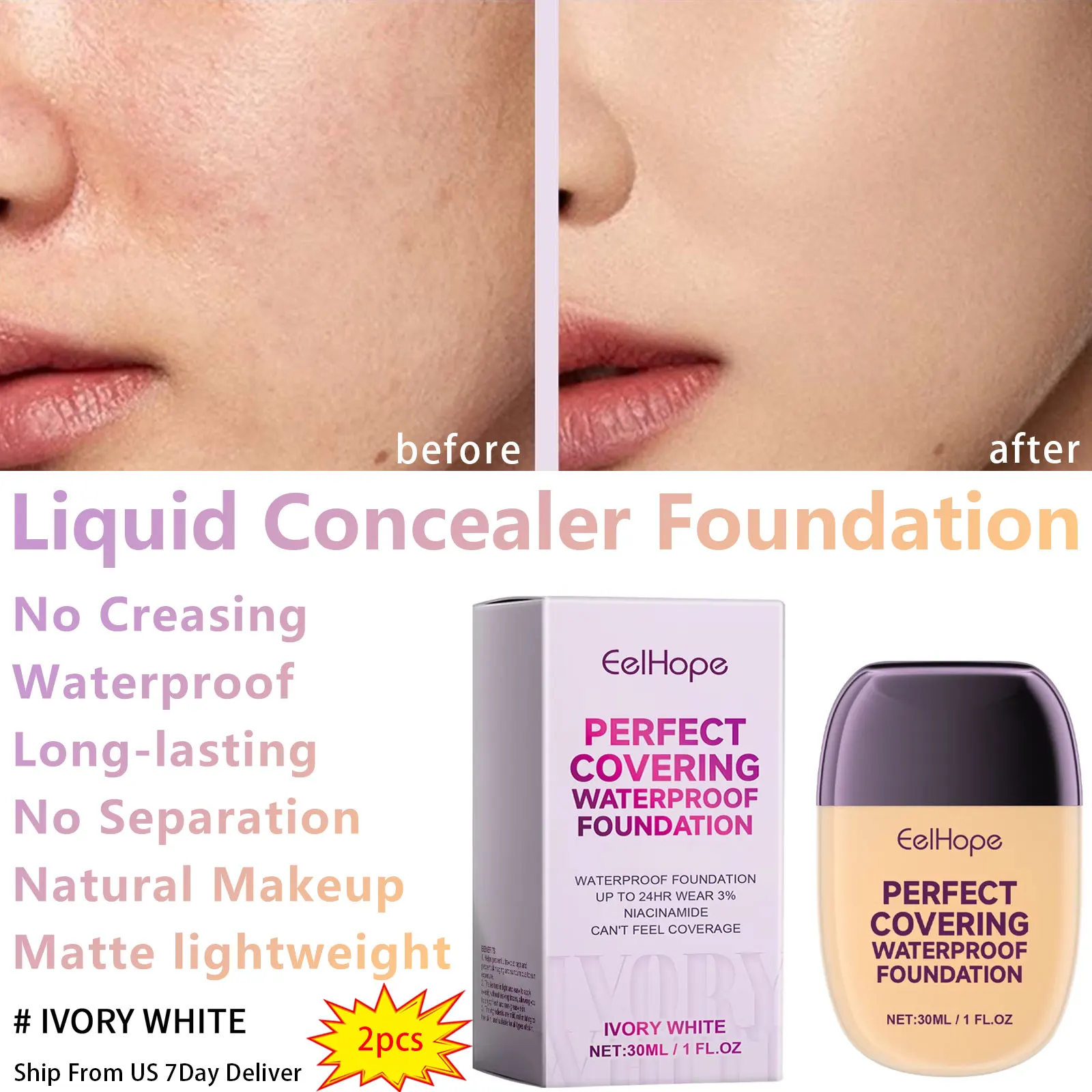 2pcs Liquid Concealer Foundation Ivory White Cover Dark Circle Brighten No Creasing Waterproof Long-lasting No Separation Makeup