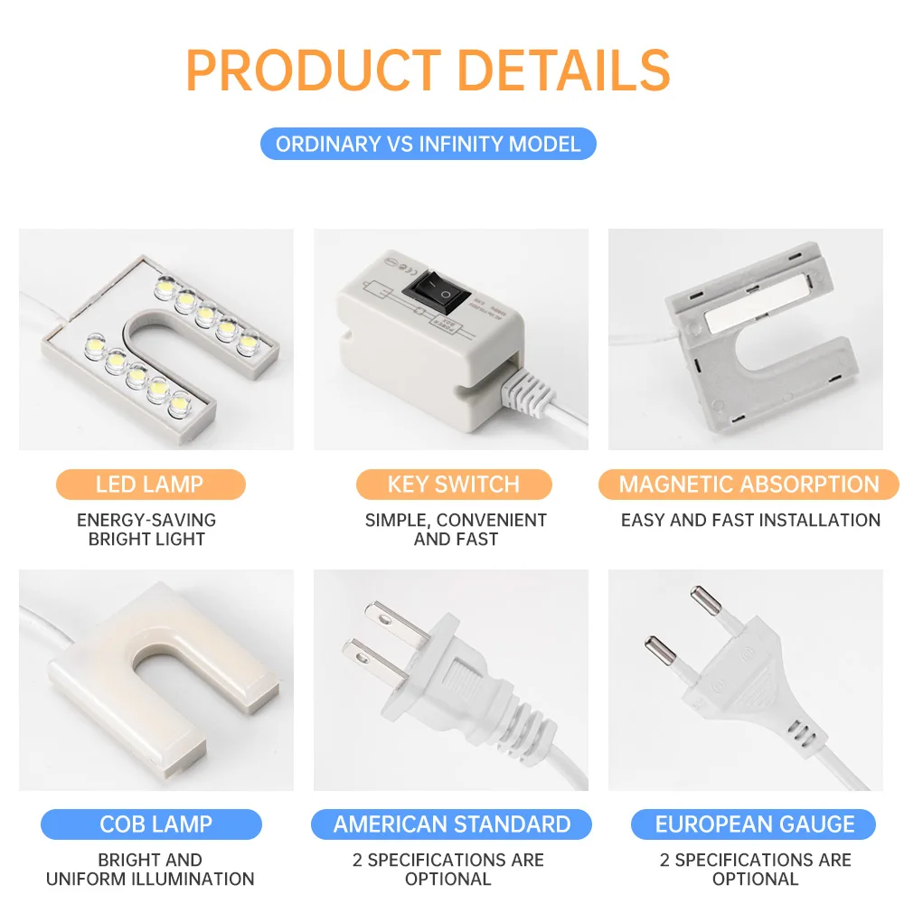 Lampe d\'éclairage industriel flexible en forme de U pour machine à coudre, base magnétique, lumières de travail pour établi, prise EU, US, 10LED, COB