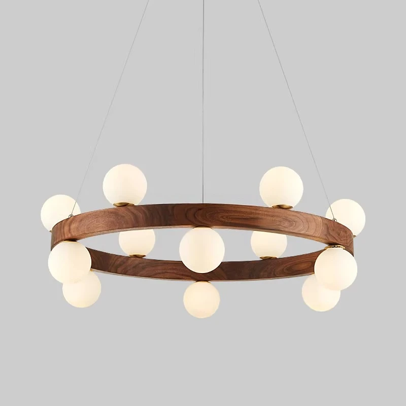 White Glass Ball Walnut Pendant Chandelier Living Dining Room Solid Wood Magic Bean Molecule Indoor