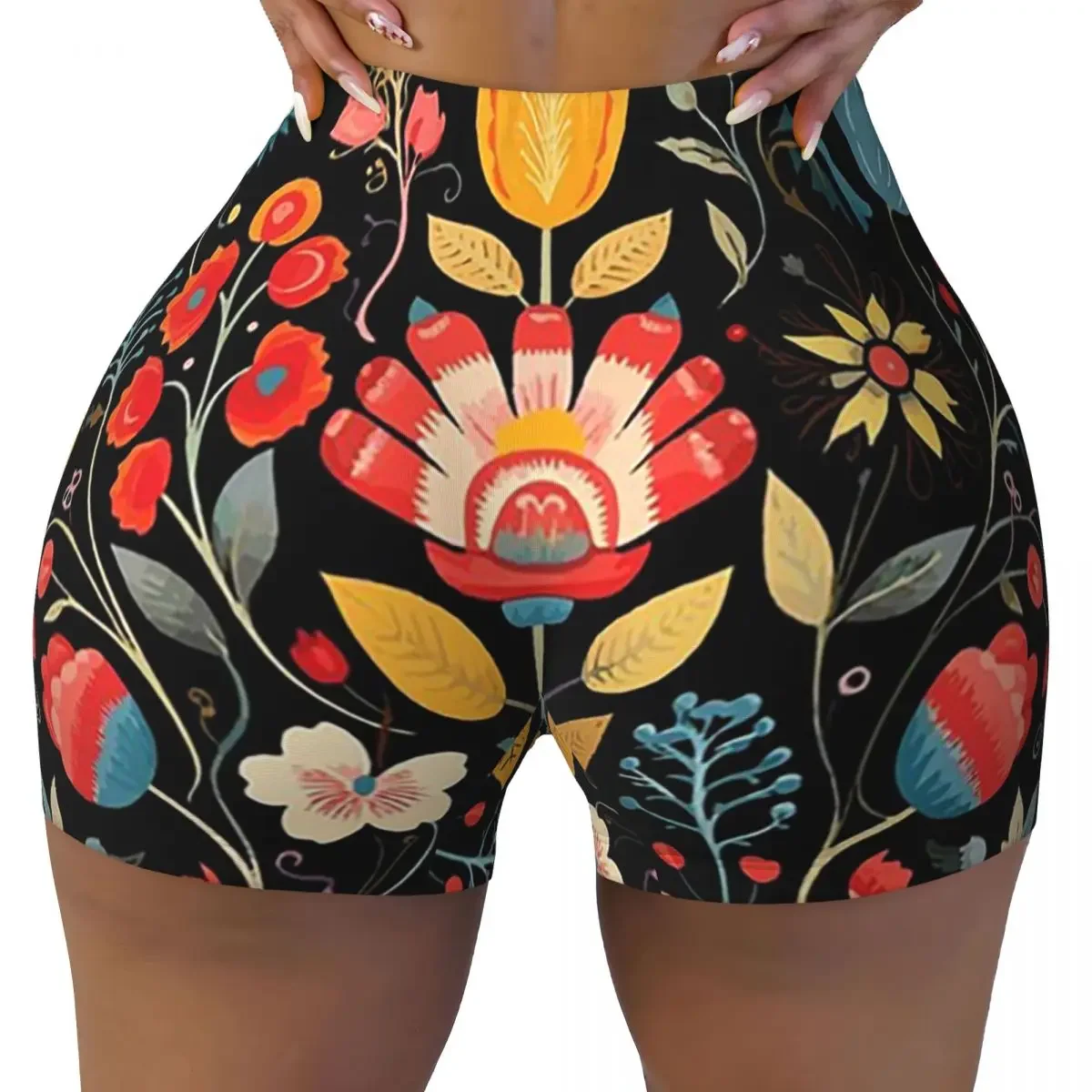 Custom Polish Folk Flowers Print Poland Floral Yoga Shorts Women Gym Workout Running Athletic Volleyball Biker Shorts