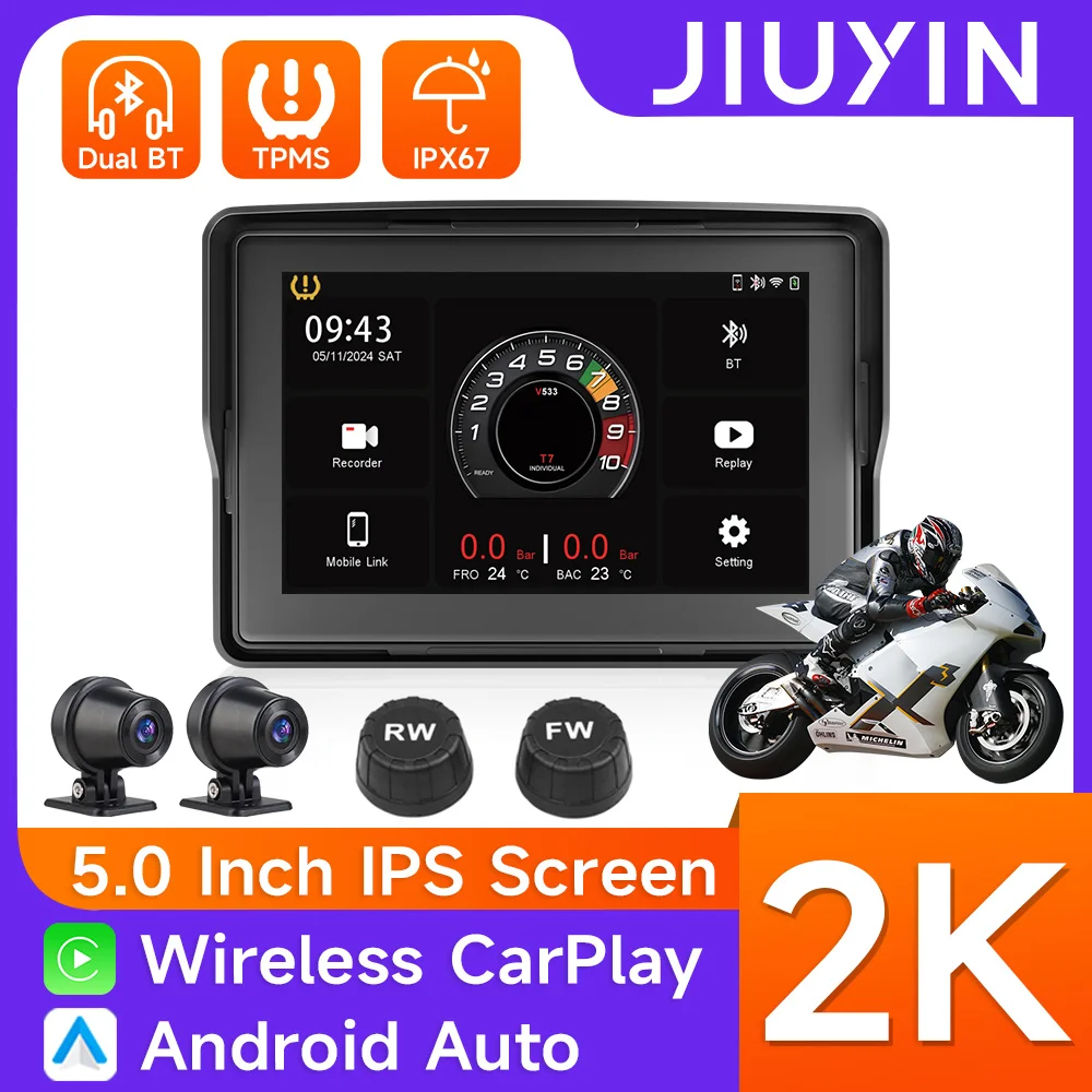 JIUYIN 2K 5inch Motorcycle CarPlay Navigation Wireless CarPlay Android Auto Airplay Display Screen Portable Motorcycle Monitor