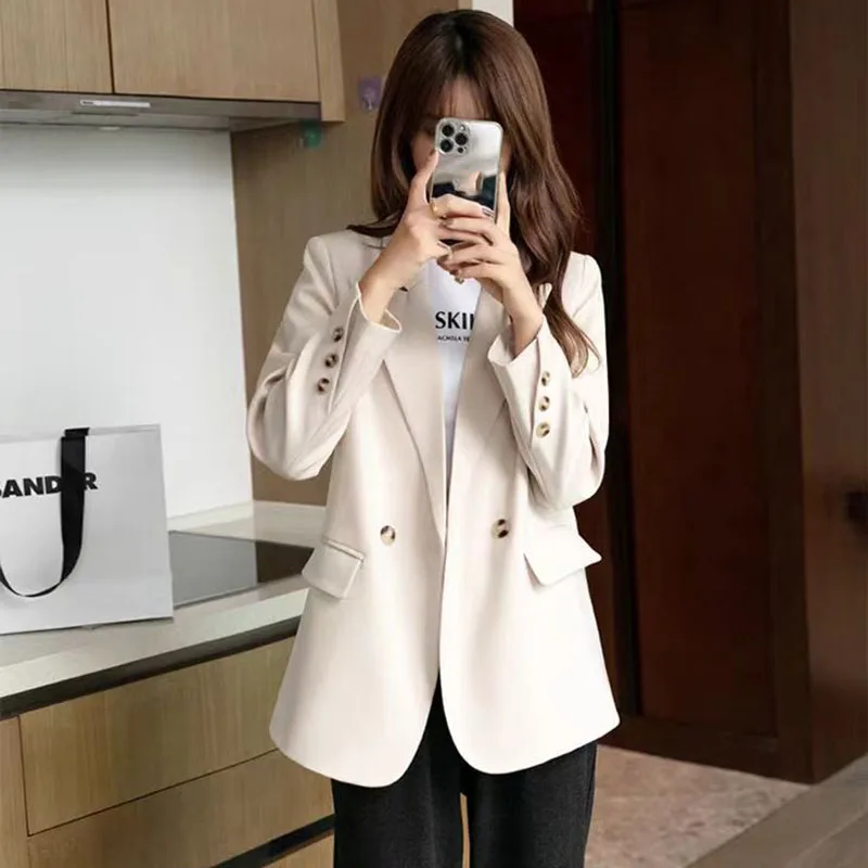 Female Solid Casual Long Sleeve Notched Blazer Ladies Korean Design Sense Blazers Outwear Vintage Double-Breasted Suit Jacket