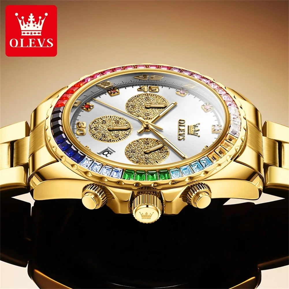 OLEVS 2939 Luxury Quartz Movement Rainbow Di Watch For Men 24-hour Display Minute Timing Single Calendar Window Luminous 30M Waterproof Watch