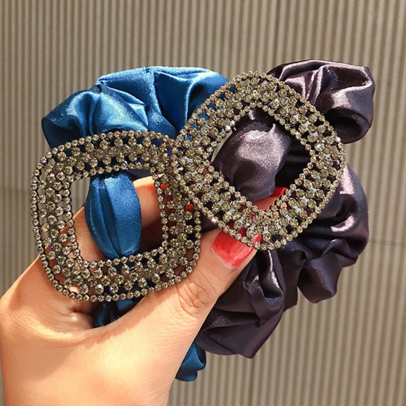 

Korean Fashion Circle Rhinestone Hair Rope Binding Temperament Silk Satin Ring For Women Girls Headdress Accessories