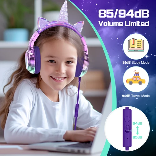 Imagen 2 del producto Auriculares para niños con orejas de gato y unicornio, con cable sobre la oreja, volumen seguro de 85 dB, plegables para la escuela/viajes/aprendizaje en línea, regalo para niñas, morado