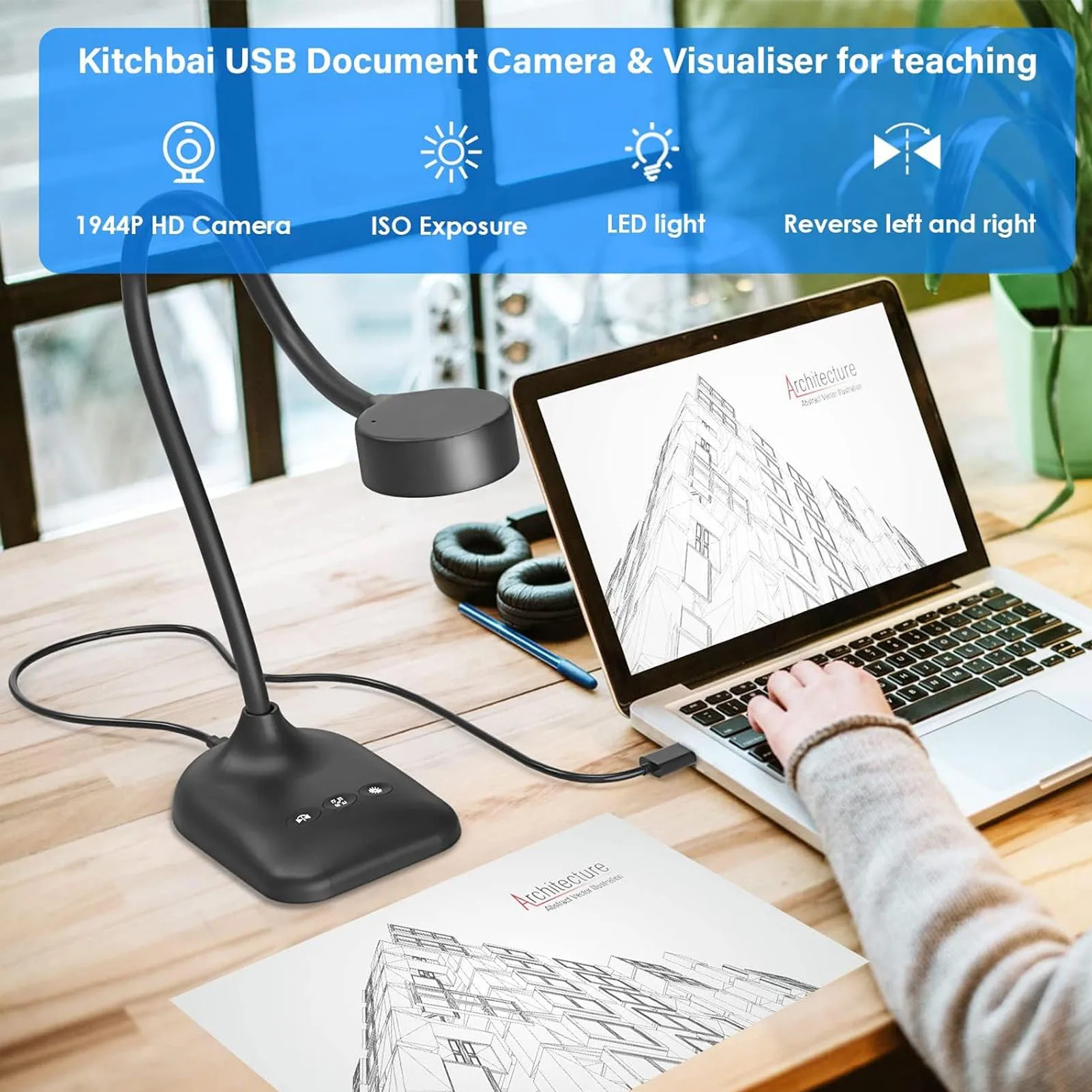 USB Document Camera 2K 5MP Autofocus Image Invert USB Webcam Visualizer with LED Light for Remote Work Teaching