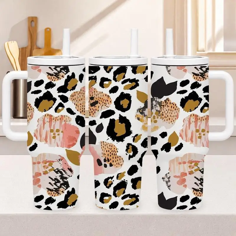 1pc 40oz 304 Stainless Steel Hand-held Cup Leopard Print Pattern with Handle Insulated Tumbler for Home Office Travel Outdoor Suitable Gifts for Halloween Christmas And Other Special Festivals