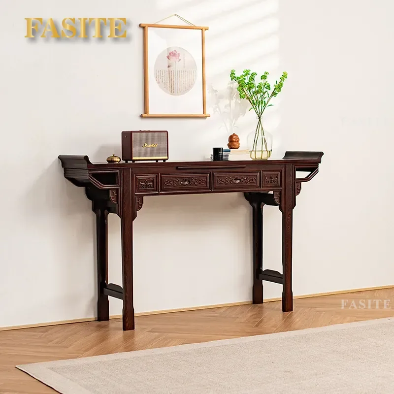 For New Chinese Style Solid Wood Entrance Table Walnut Color Chicken Wing Wood Upturned Head Console Table with Board