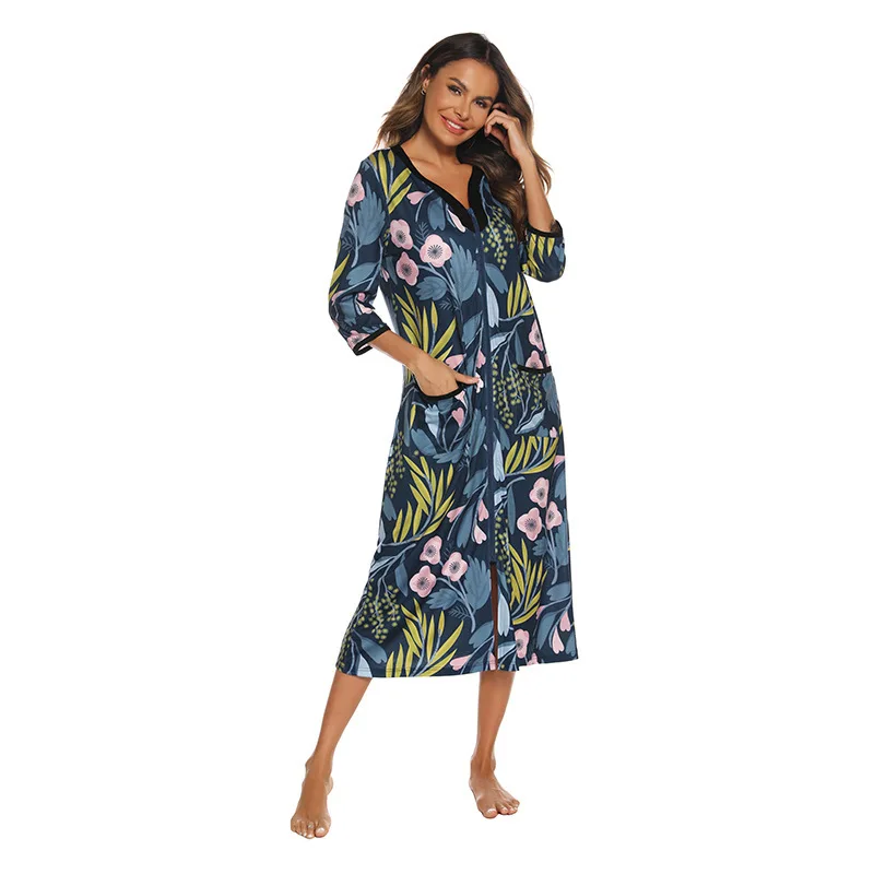 2024 spring and summer new nightgown popular sexy V-neck printing contrasting color seven-quarter sleeve zipper nightgown supply