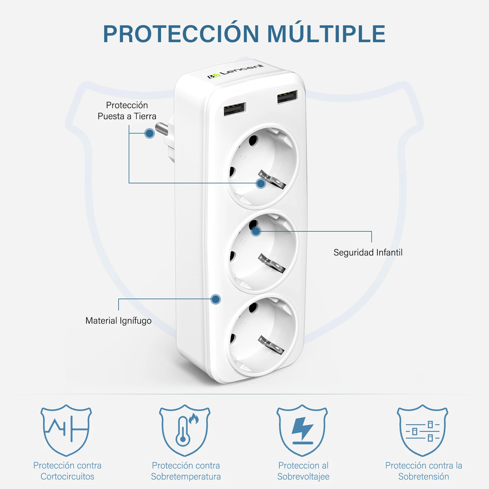 LENCENT EU Plug 5-in-1 Wall Socket Extender with 3 AC Outlet 2 USB 4000W 5V2.4A Wall Charger for Home/Office