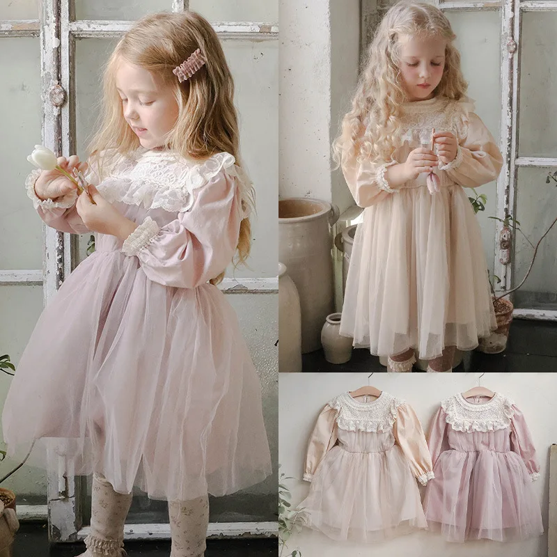 2025 New Korean Children and Girls Foreign Lace Fluffy Mesh Long-sleeved Princess Dress