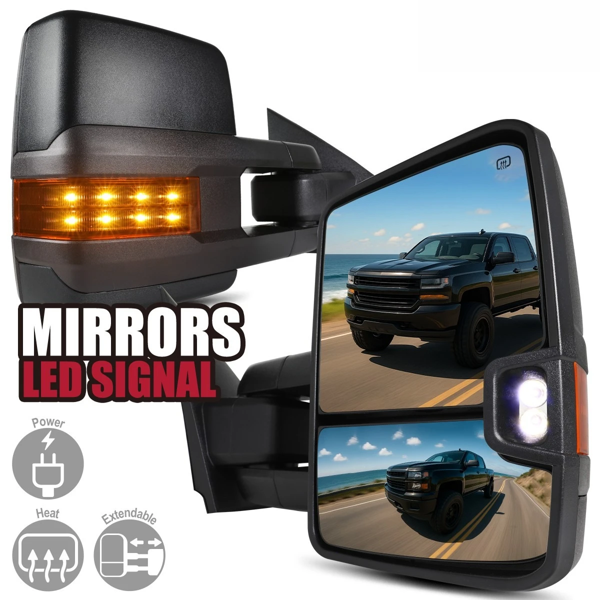 

Tow Mirrors Fits 2014-2018 Silverado Sierra 1500 Power Heated+Amber LED Signal