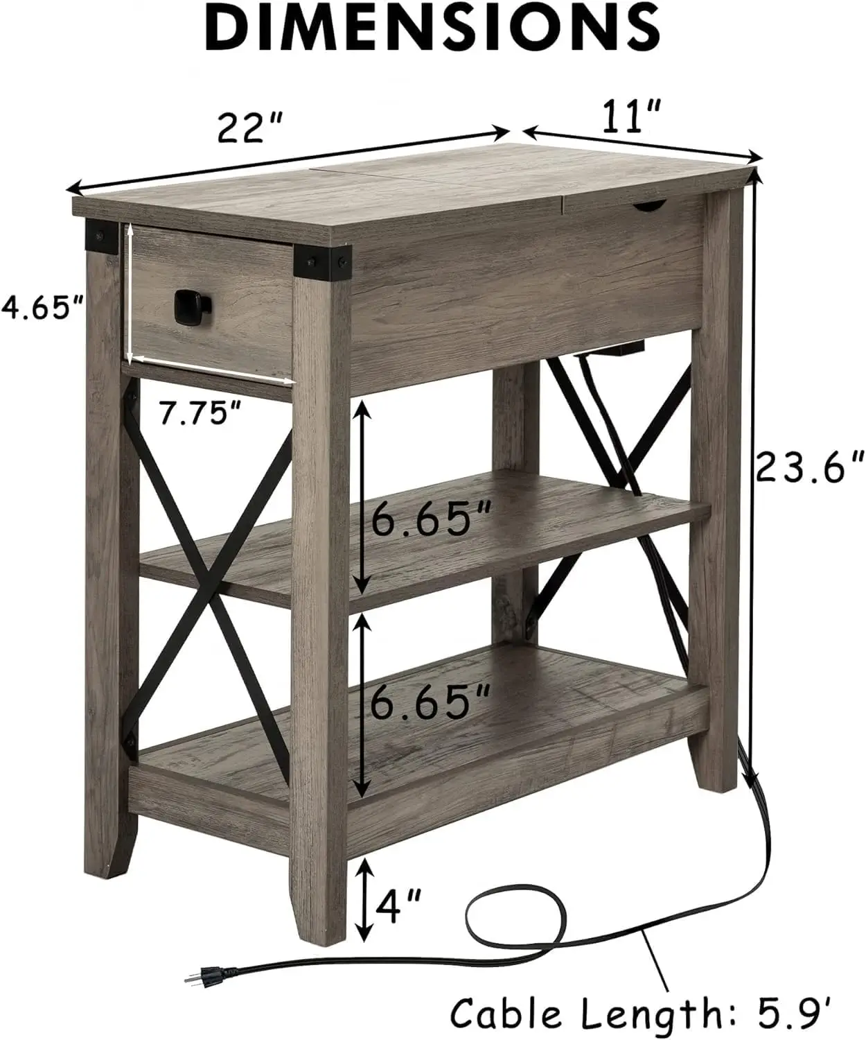 Table d'appoint mince de ferme avec station de charge, table de chevet avec prise de courant de ports USB, table de chevet rabattable, ensemble de 2