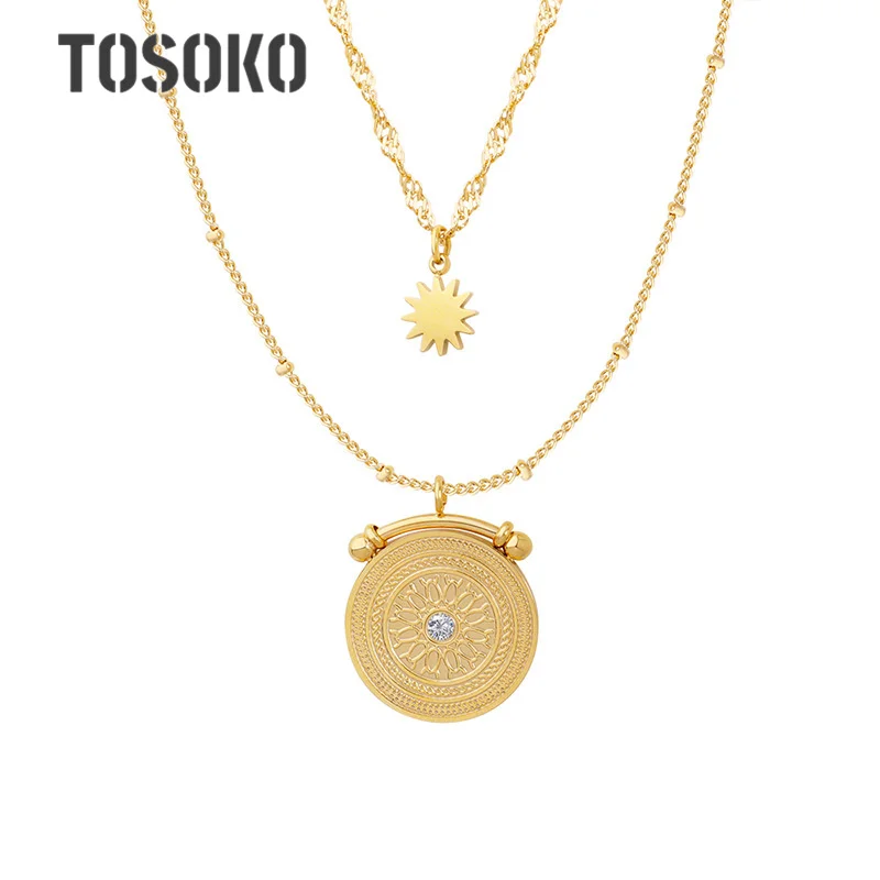 

TOSOKO Stainless Steel Jewelry Eight Star Double Layer Zircon Necklace Women's Fashion Clavicle Chain BSP545