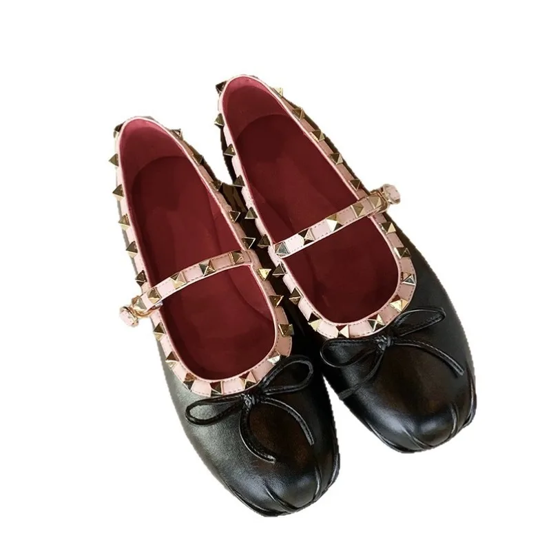 Zapatos Planos Mary Jane para Mujer, Zapatos de Ballet con Lazo, Correa con Hebilla, Punta Cuadrada, Color Rojo, Zapatillas Mujer