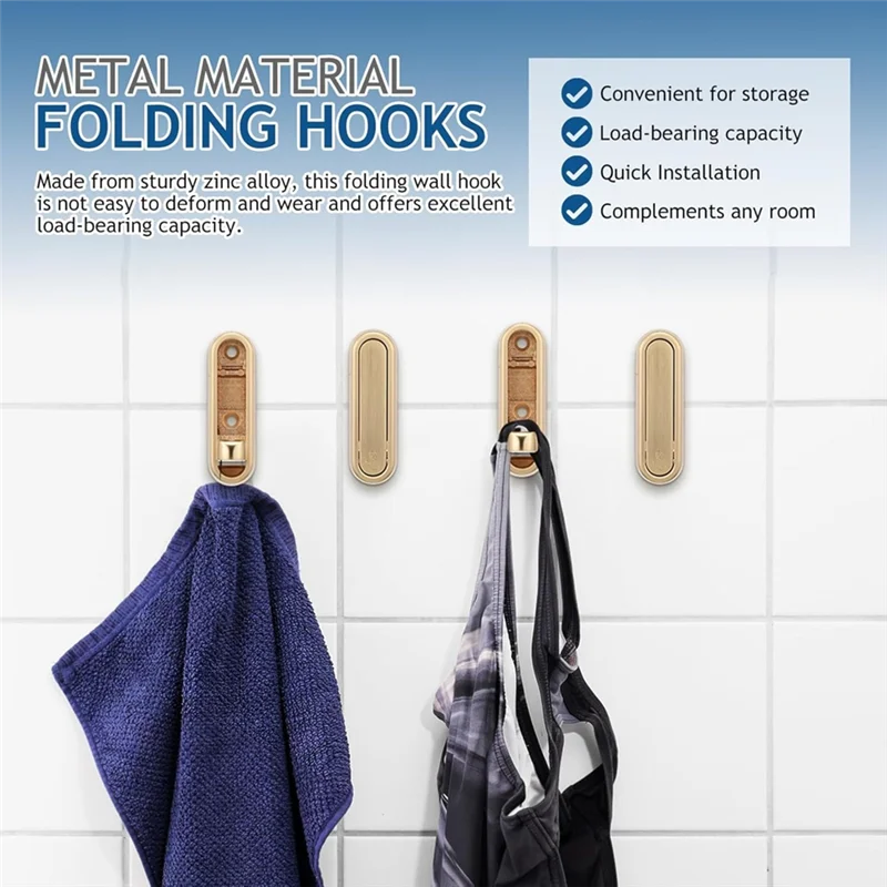 

【Party-Decoration】2PCS Gold Metal Folding Wall Hooks, Foldable Wall Mount Hooks-Space-Saving,For Bathroom, Kitchen, Bedroom, For