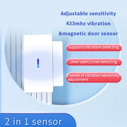 433MHz 5-Level Sensitivity Adjustment Window Glass Break Vibration+Magnetic Door Sensor, Requires Alarm Host to Operate Together