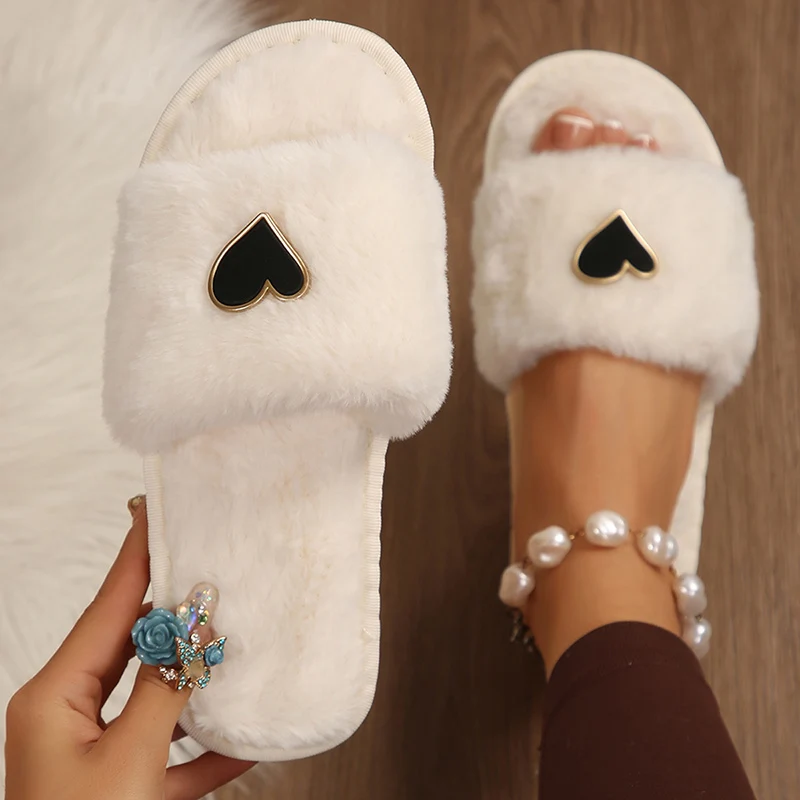 Fashion Heart Decor Plush Slippers for Women Winter Warm Comfortable Indoor Floor Slippers Woman Open Toe Fluffy House Slides