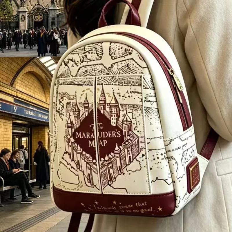 Loungefly Harry Potter Karten-Print Cosplay Damen Doppelriemen Schultertasche Geldbörse Mini-Rucksack – Detail 6