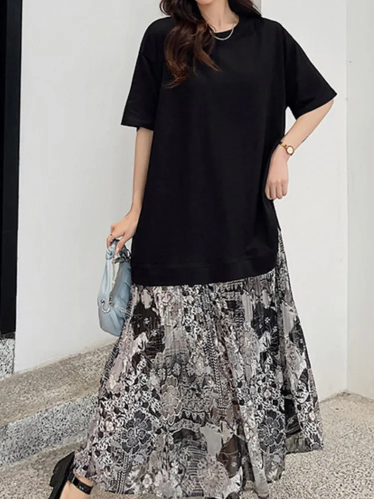 حجم كبير الشيفون الصيف الكورية نمط فستان طويل فضفاض للنساء المرقعة هيم قصيرة الأكمام فساتين السيدات رداء Elbise Vestidos