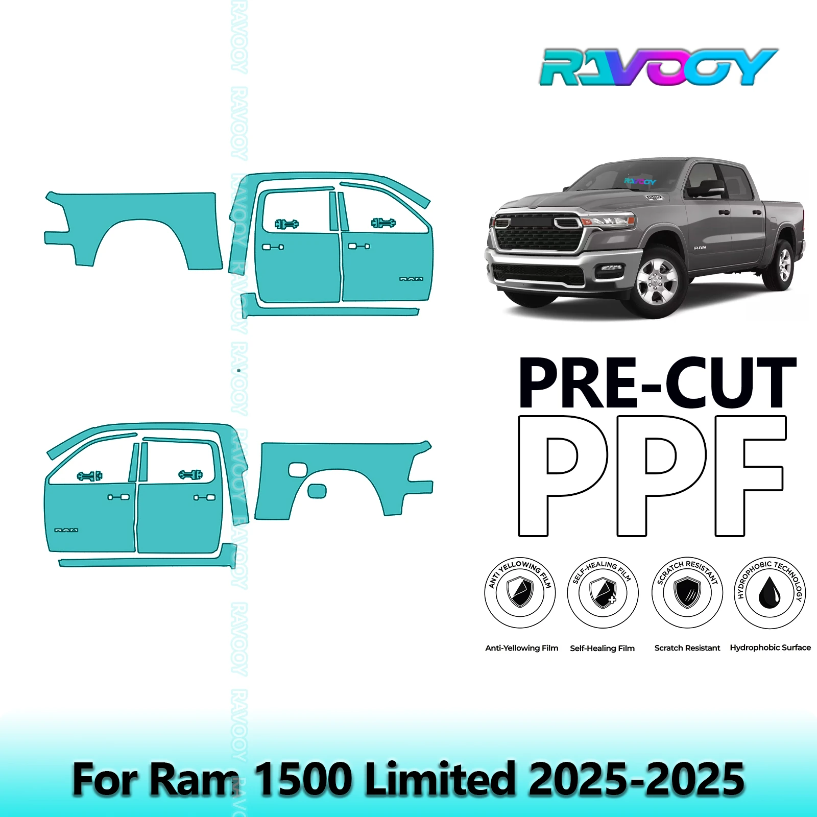 

For Ram 1500 Limited 2025-2025 8.5mil Clear Matte Pre-Cut PPF Door & A/B Pillar Kit TPU Paint Protection Film Set