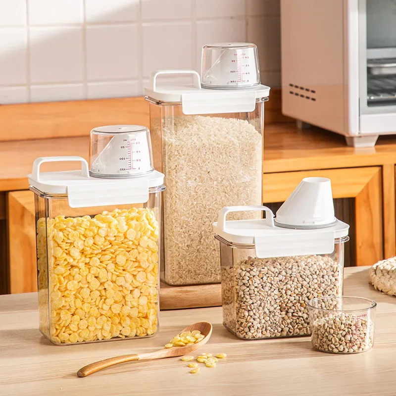 Sealed grain storage box Transparent Rice Bucket Jars with measuring cup hand-held Moistureproof Tank Bottle pet food containers