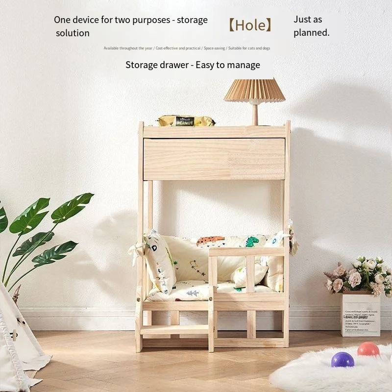 

Solid wood pet bed double-layer dog bed teddy small dog bed allseason universal bedside table cat nest with drawer space storage